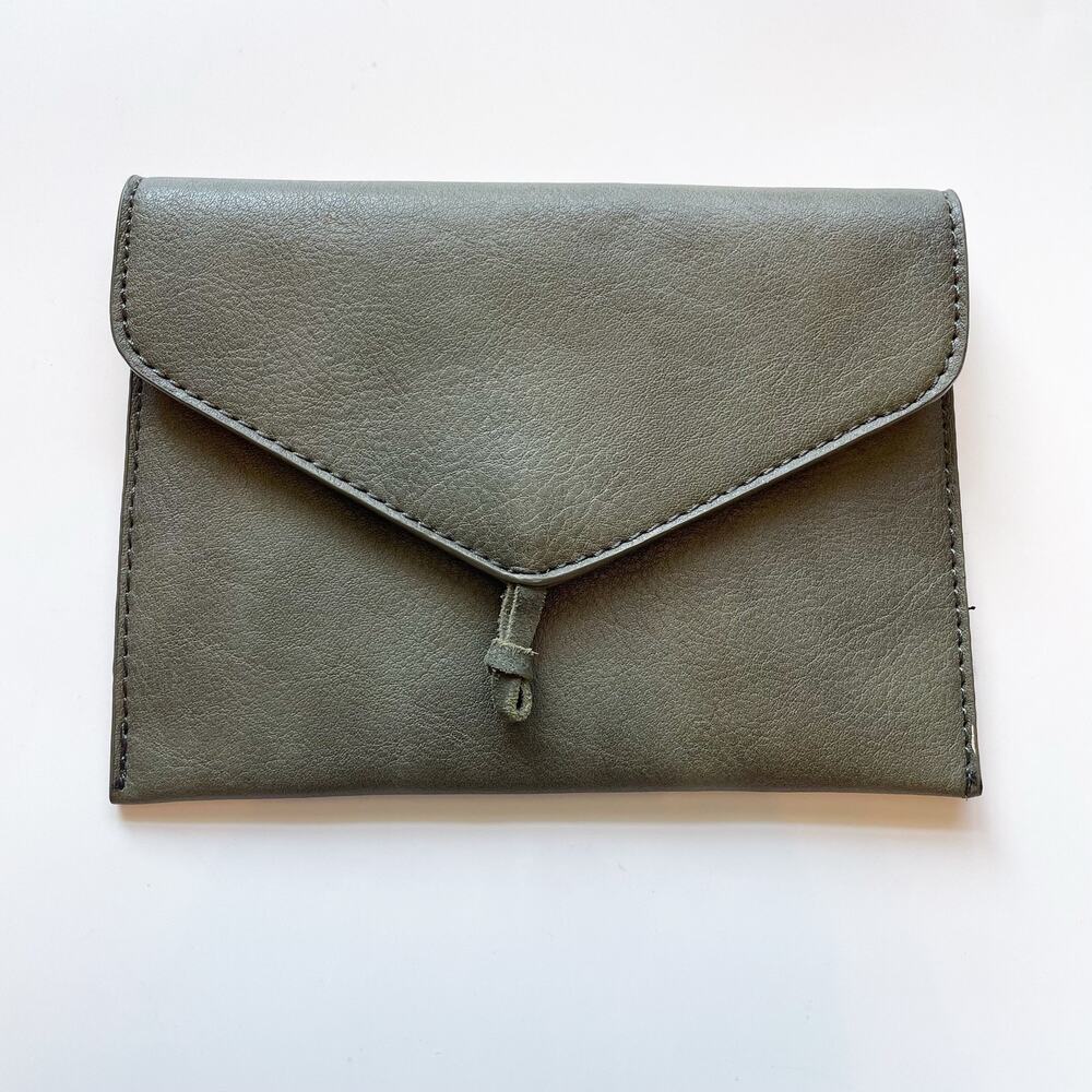 Anthropologie Olive Green Leather Envelope Pouch Wallet Magnetic Closure 5x7